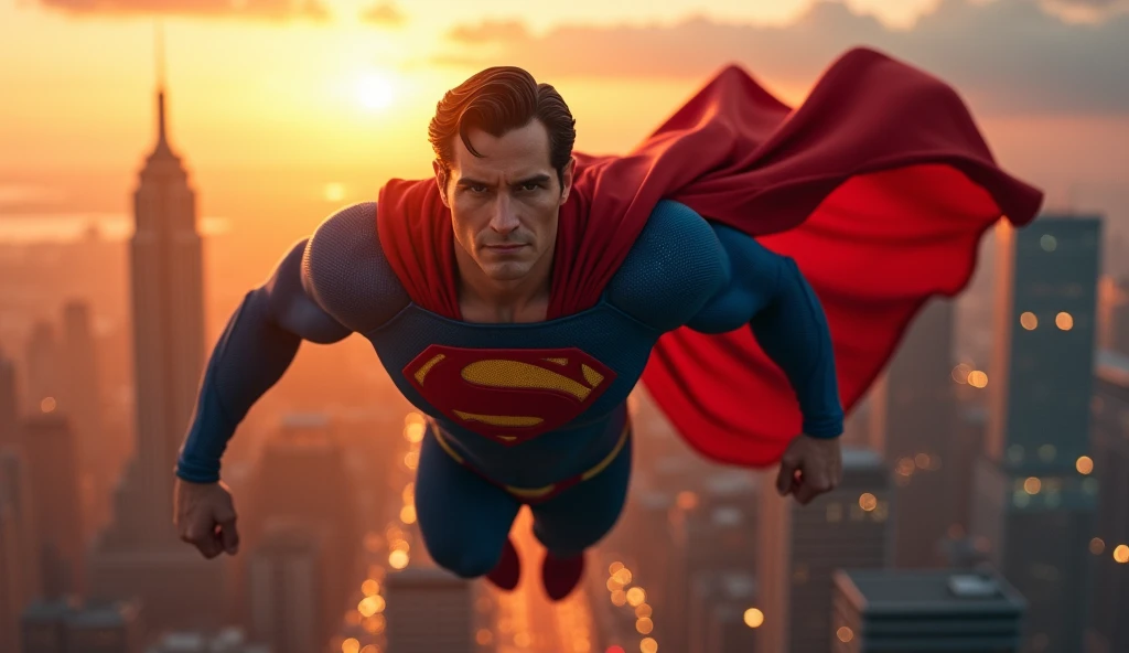 Create a dynamic scene of Superman flying high above a bustling city, with his iconic red cape billowing in the wind. The sun is setting, casting warm golden and orange hues across the skyline, while Superman looks determined as he surveys the city below. His muscular physique is highlighted by his classic blue suit with the iconic 'S' symbol on his chest. The clouds part as he soars through the sky, creating a sense of speed and power. In the background, tall skyscrapers rise up, and small lights begin to illuminate the city streets below.