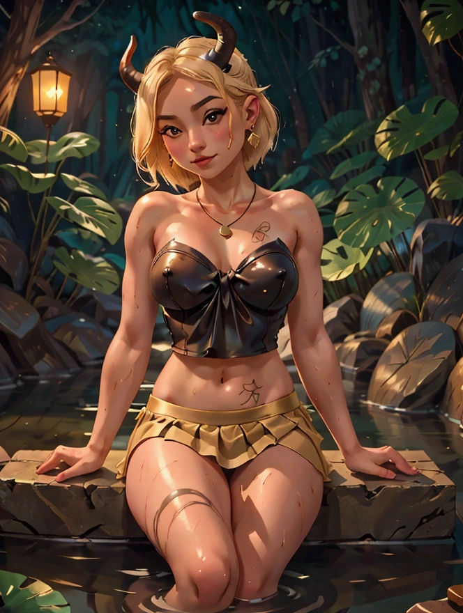 High definition, masterpiece, art, high detail, 1girl, blonde, geisha, beautiful, pov, onsen, nude, sexy, lewd, nsfw, posing, sitting, open legs:1.8, nipples, showing breasts, slim body, earrings, makeup, necklace, skirt, bowtie, skimpy, from below, tattoos, succubus horns, shy, demonic, wet, dark, moonlit, lotus flowers,