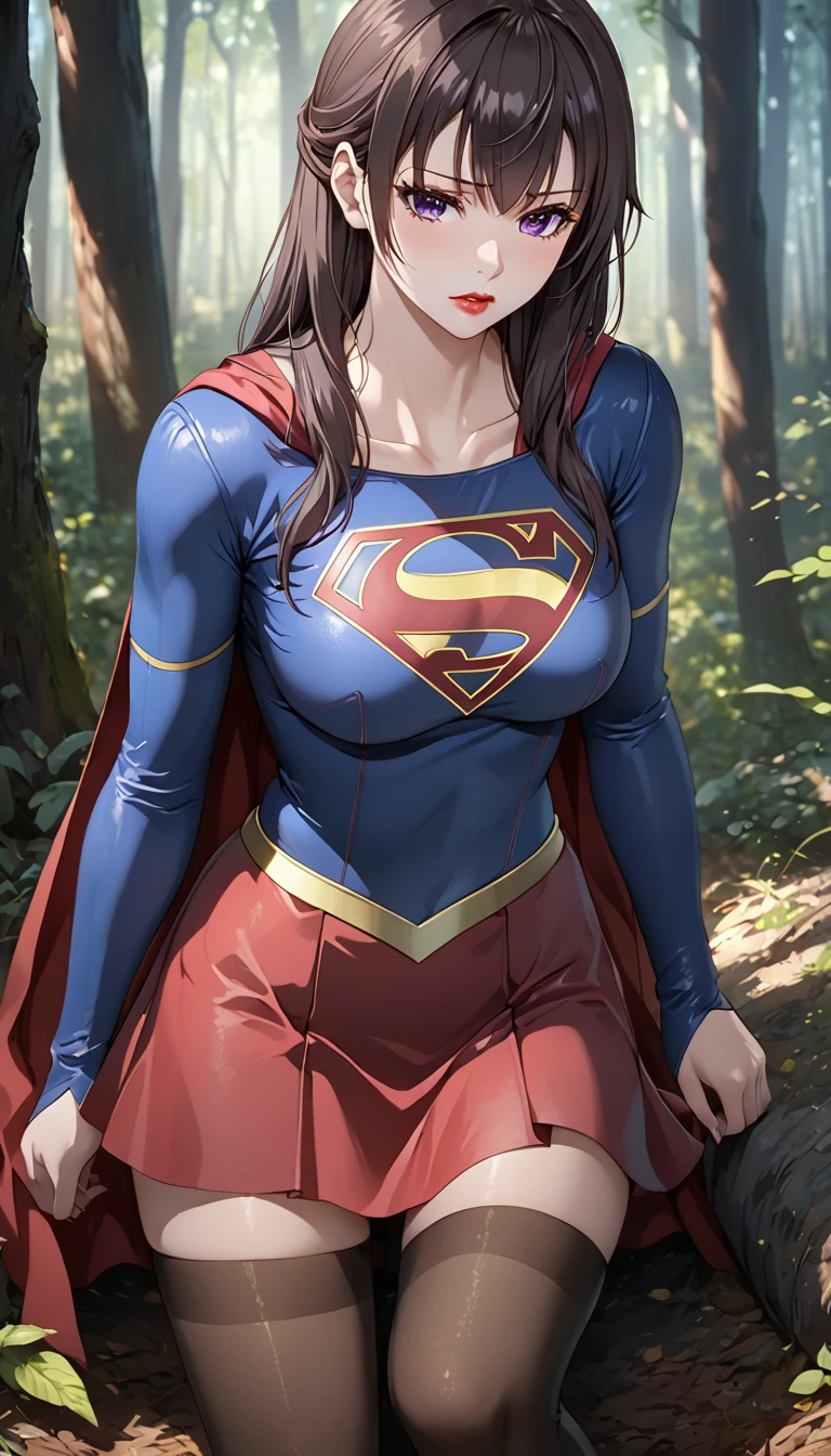 Detailed analysis, Detailed work, Best quality, 1440p clarity, Realistic lighting and shadows, Anime, background, In the middle of the forest, จากซีรีย์ Alya Sometimes Hides Her Feelings in Russian, Suou Yuki, long dark brown hair, Purple eyes, ตาแบบAnime, Very large breasts,Wearing Supergirl costume, black long stockings, red lips