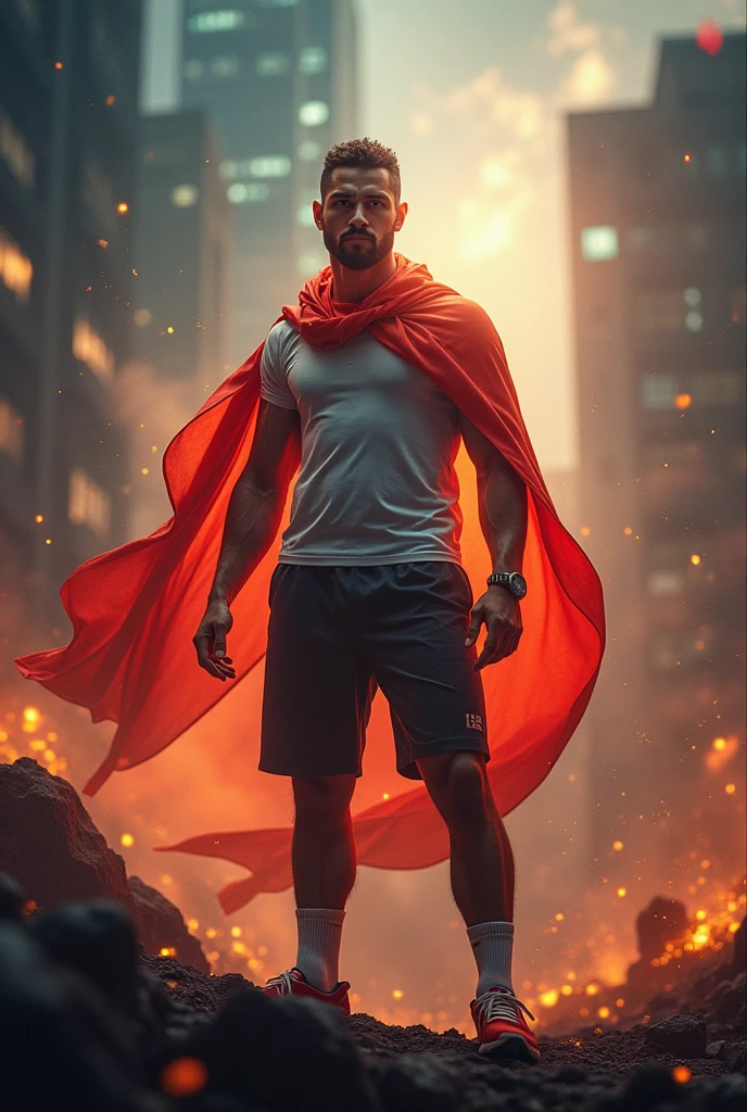 A young man confidently stands holding a red and white flag, symbolizing national pride. He wears a red shirt and ripped jeans, with dynamic splashes of red and white paint exploding from his body, blending seamlessly with the flag's colors. The energy and movement in the image evoke a sense of patriotism and strength."