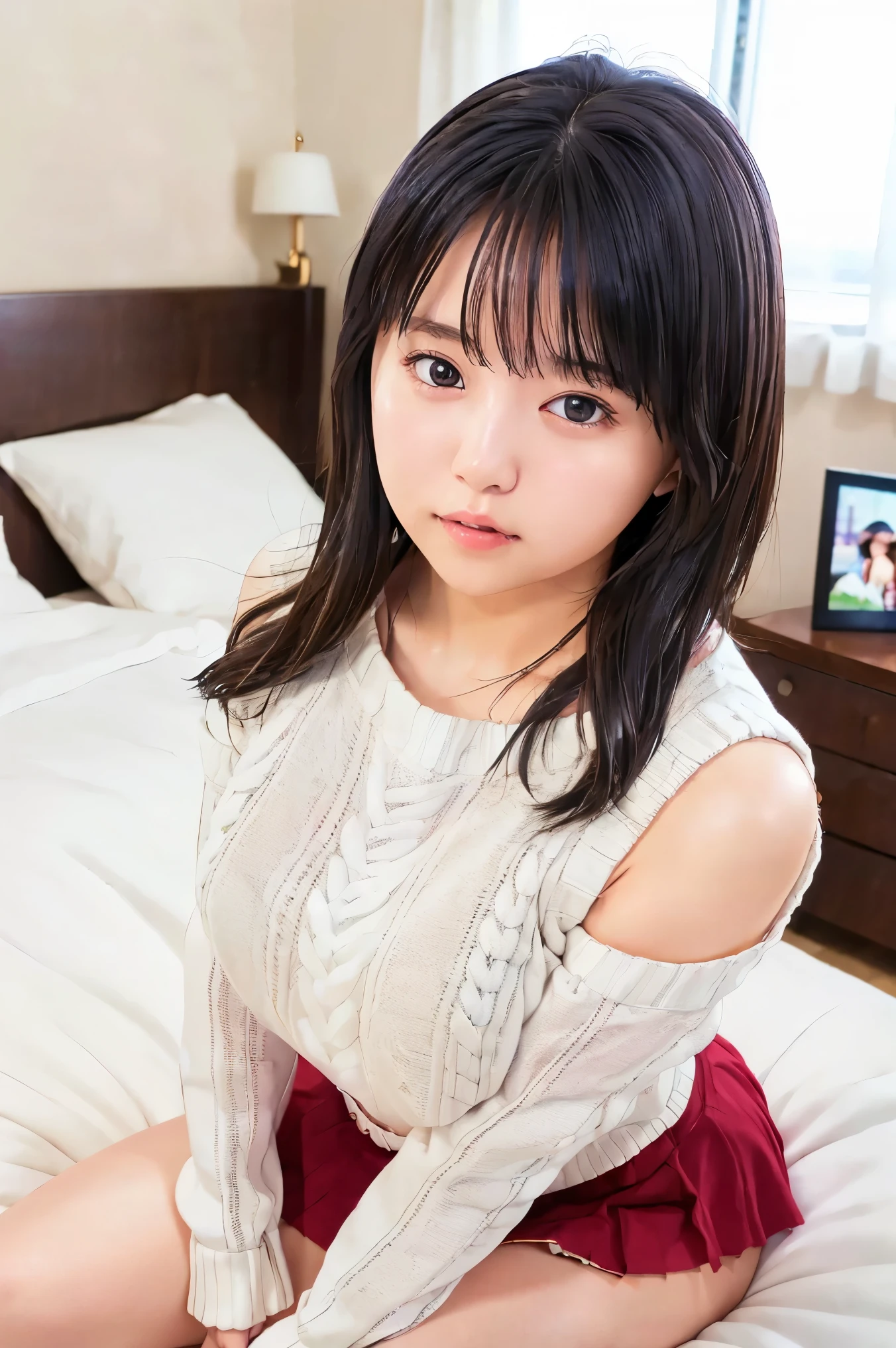 (8k、RAW Photos、Best Quality、masterpiece:1.2)、(Realistic、Realistic)、3 women、((A sweater that exposes the shoulders:1.2、Beautiful thighs、Looking into the camera))、cute、Looking up、On the bed