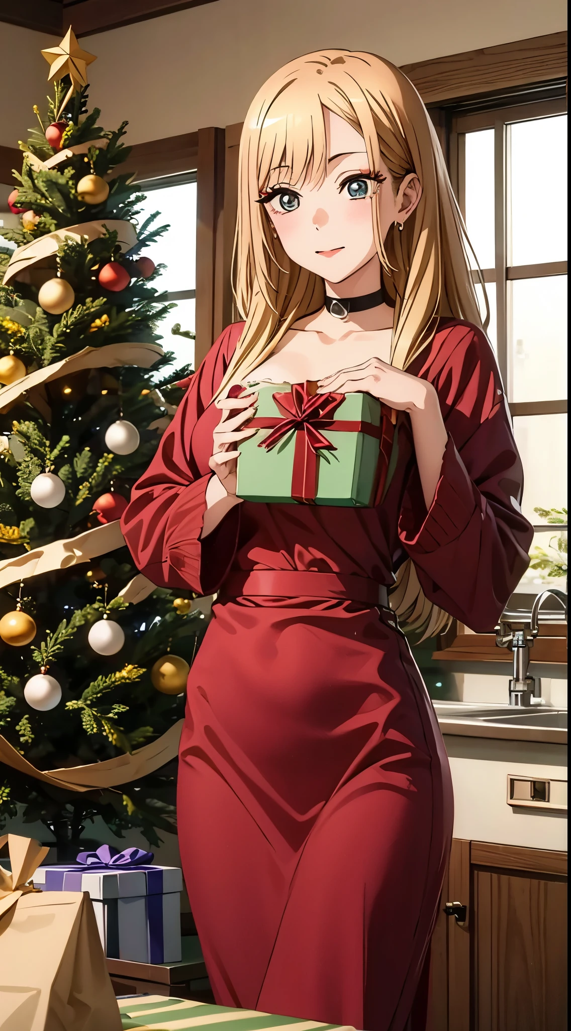 Marin kitagawa ,Detailed hands,detailed fingers,pose sexy,Christmas Clothes,house and pine tree with gifts