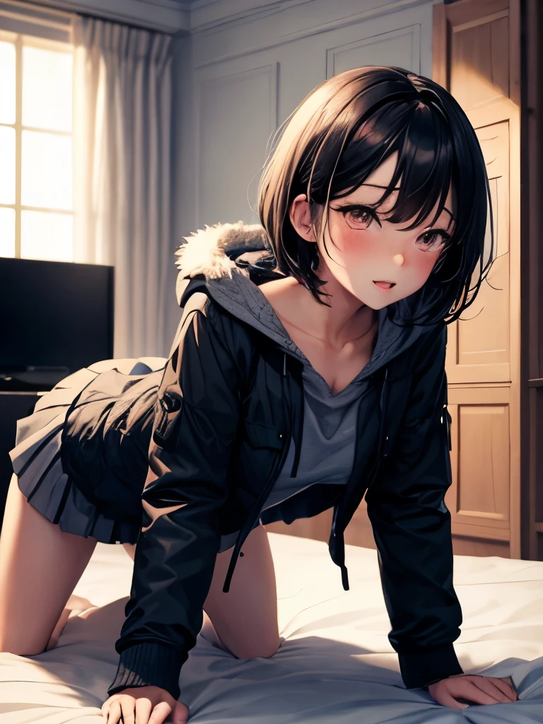 medium breasts,black hair, medium hair, red eyes, ((masterpiece)),(gray Parka,mini skirt),Beautiful girls,Very beautiful face and eyes,break,on bed, indoors, sex from behind, 1boy