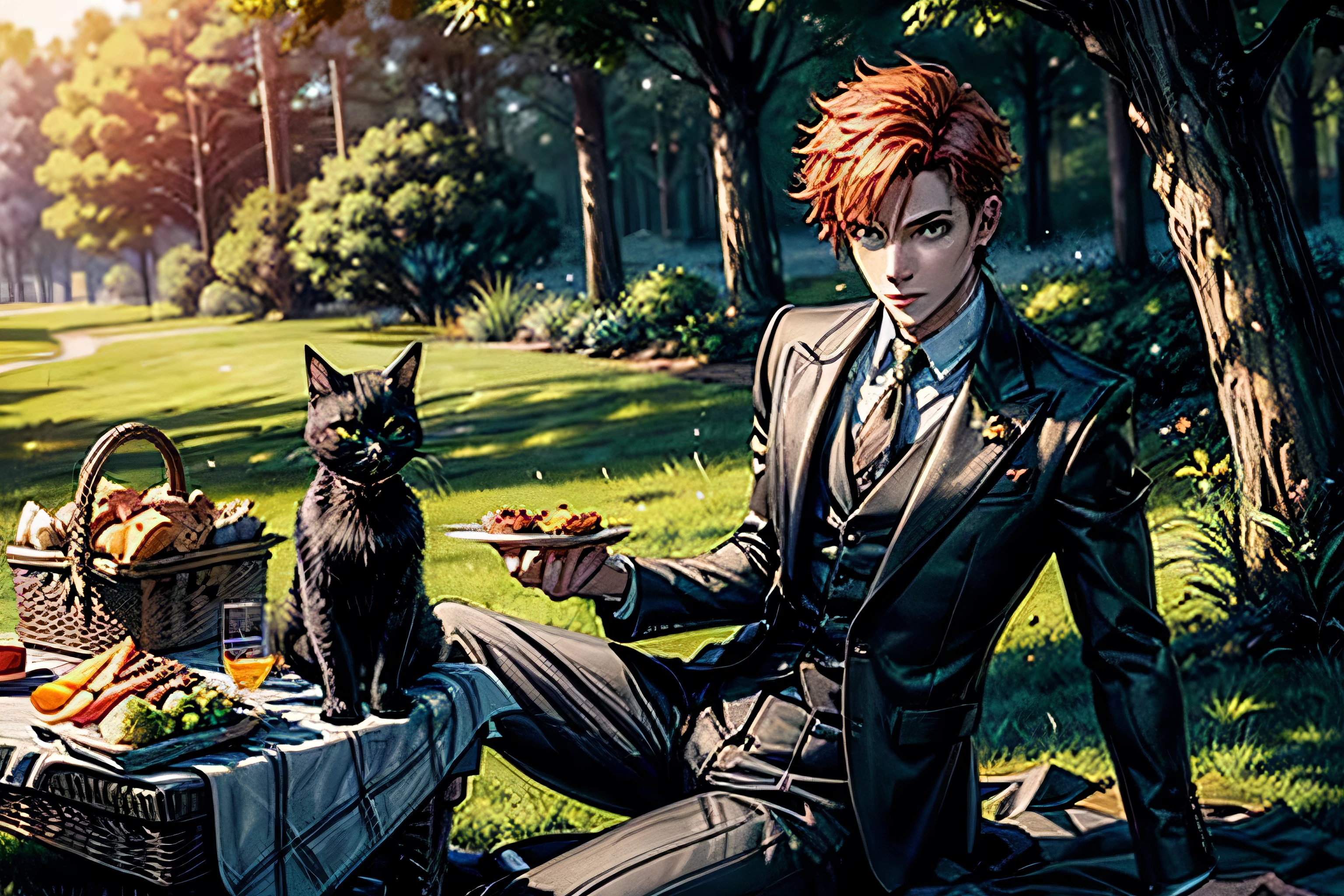 Young man with 1 appearance, short orange hair combed back, green eyes, wearing an elegant black suit, sitting on a large picnic cloth with various food by the cloth, a picnic basket on the side, a black cat sitting next to the young man, top of a hill with trees and bushes, sunset,  Detailed shadows, aerial view, masterpiece, detailed, accurate, detailed texture