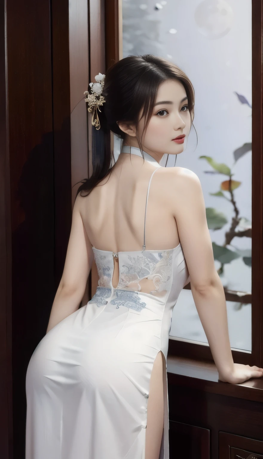 1 Girl，Standing by the window，The moon outside the window，Moonlight shines through the window at night，Intricate details, Ultra Detailed, Ultra-high resolution, masterpiece, ((healthy，Charming body curves)) ，Ancient Chinese dress，Ancient lamps，Middle distance half, 