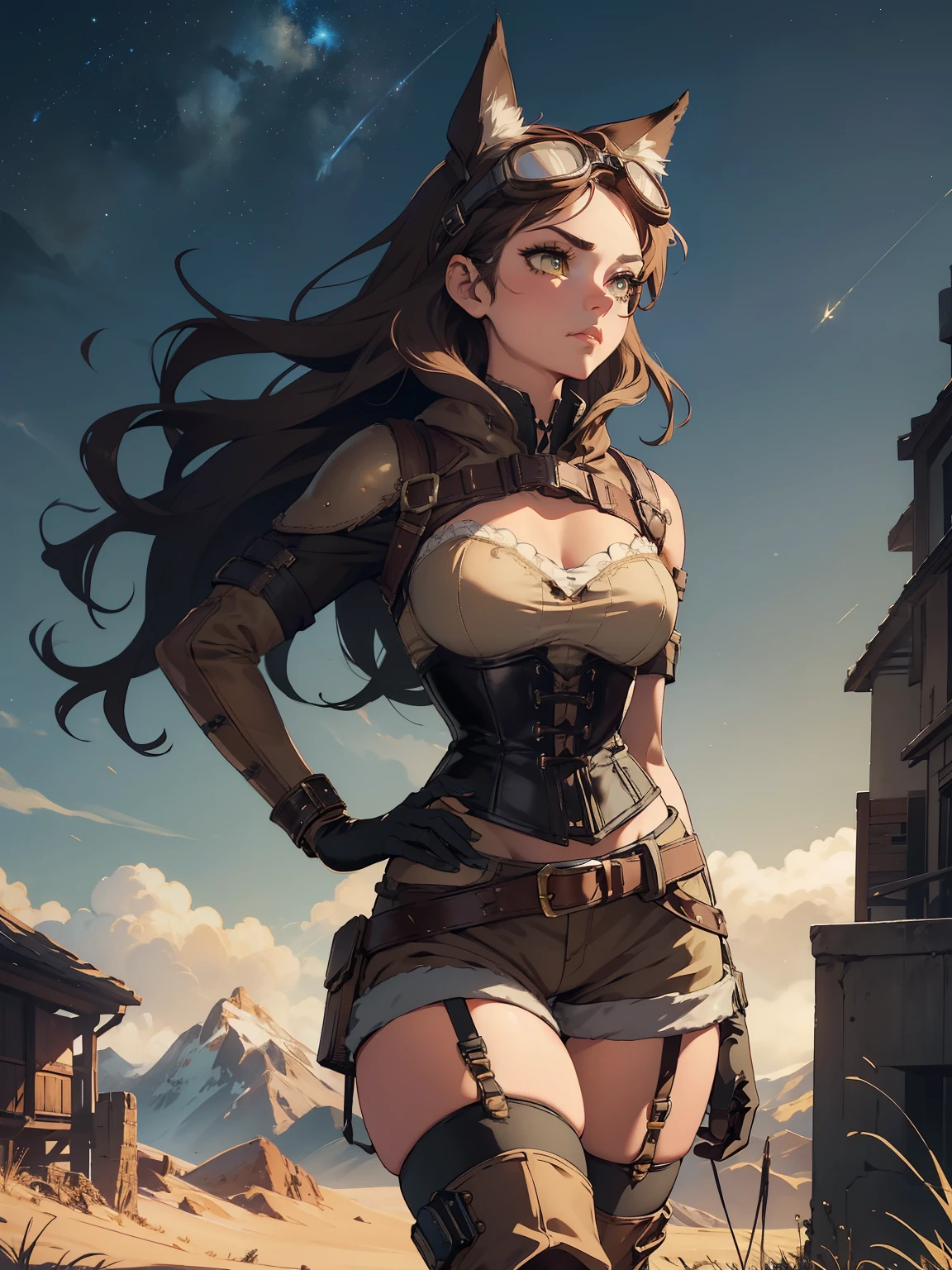 <lora:add_detail:0> <lora:Addams:0> (best quality, masterpiece:1.2), photorealistic, thick outlines, strong shadows, 1 girl, full body, cute pose, <lora:amber (genshin impact) flexible:1>, amber \(genshin impact\), brown eyes, brown hair, long hair, red hair ribbon, brown short shorts, leather gloves, pouch, thighhighs, white boots, small breasts, cleavage cutout, shrug \(clothing\) detailed background, detailed face, background night castle,
