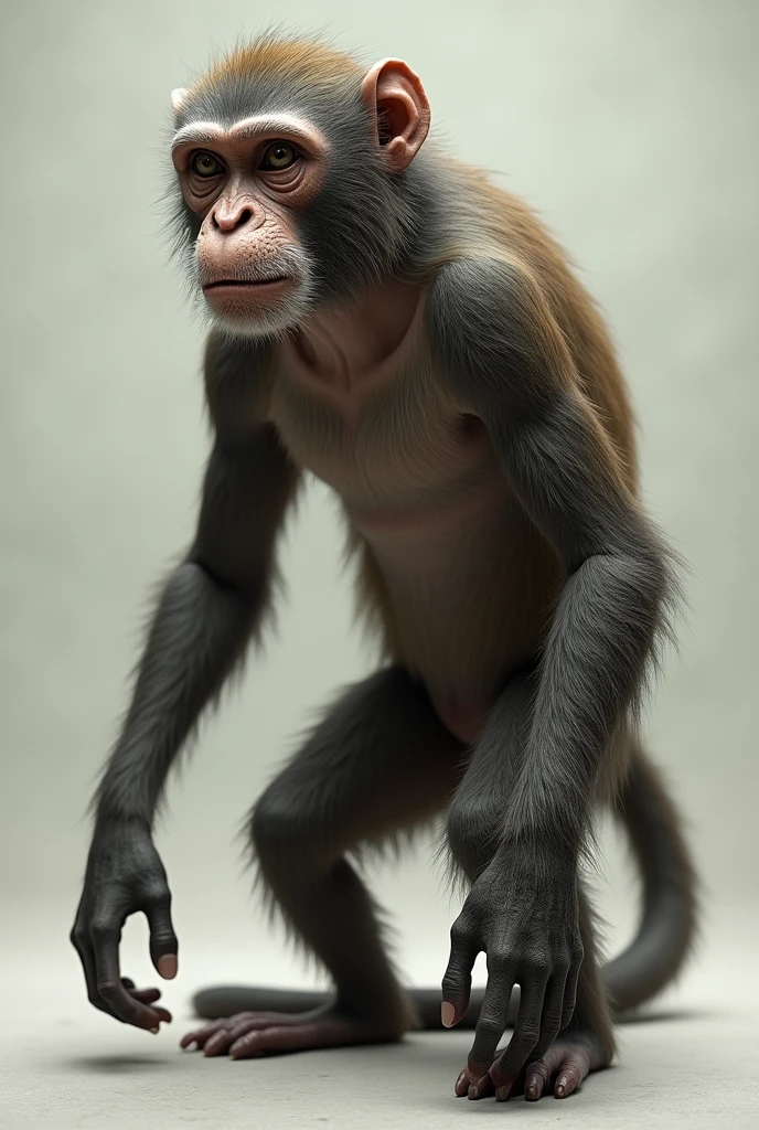 Monster monkey, 4 legs, brown, cute mini model, scary monkey, black eyes, very very sharp teeth, sharp hands and feet, in its belly is a mouth with sharp teeth, smiling monkey, no background, 3D model