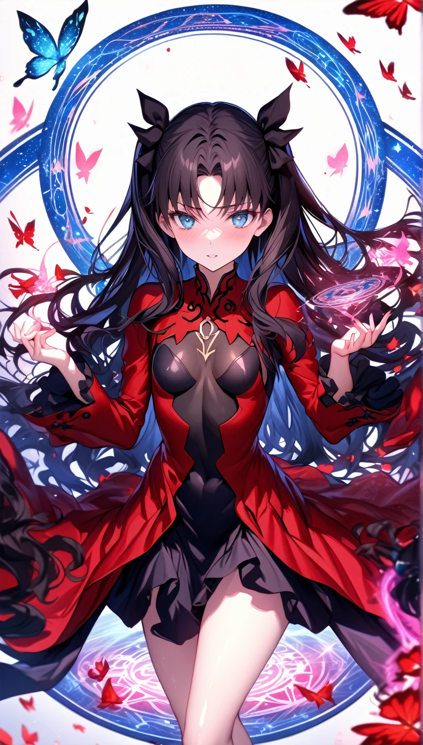 absurdres, highres, ultra detailed, HDR, master piece, Tohsaka Rin, black hair, expressive blue eyes, red clothes, sexy woman, best quality, Fate Grand Order, , solo, fantasy, magical, sensual, glittering, accessories, red butterflies, pink magic, starry sky, pink magical circle, extremely beautiful