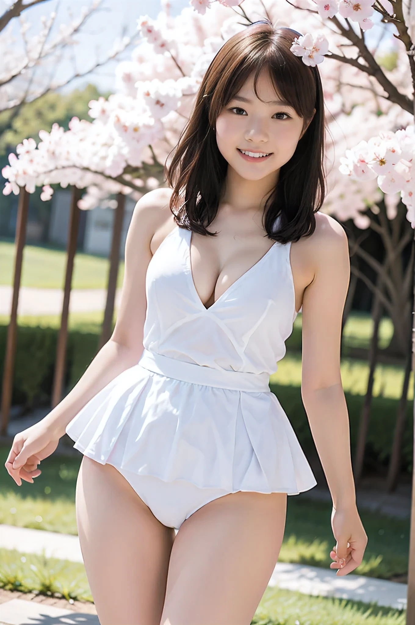 at the kyoto temple, cherry blossoms, ((squatting)), ((spread legs)), ((crotch towards the camera)), full body, (breast squeeze:1.3), Photo realistic, High resolution, detailed background, detailed beautiful skin, detailed nose, (solo shot:1.23), (((nice hand, perfect hand))), clear eyes,// japanese lady, pale skin, mega breasts, // ((tiny leotard)), ((facing viewer)), short hair