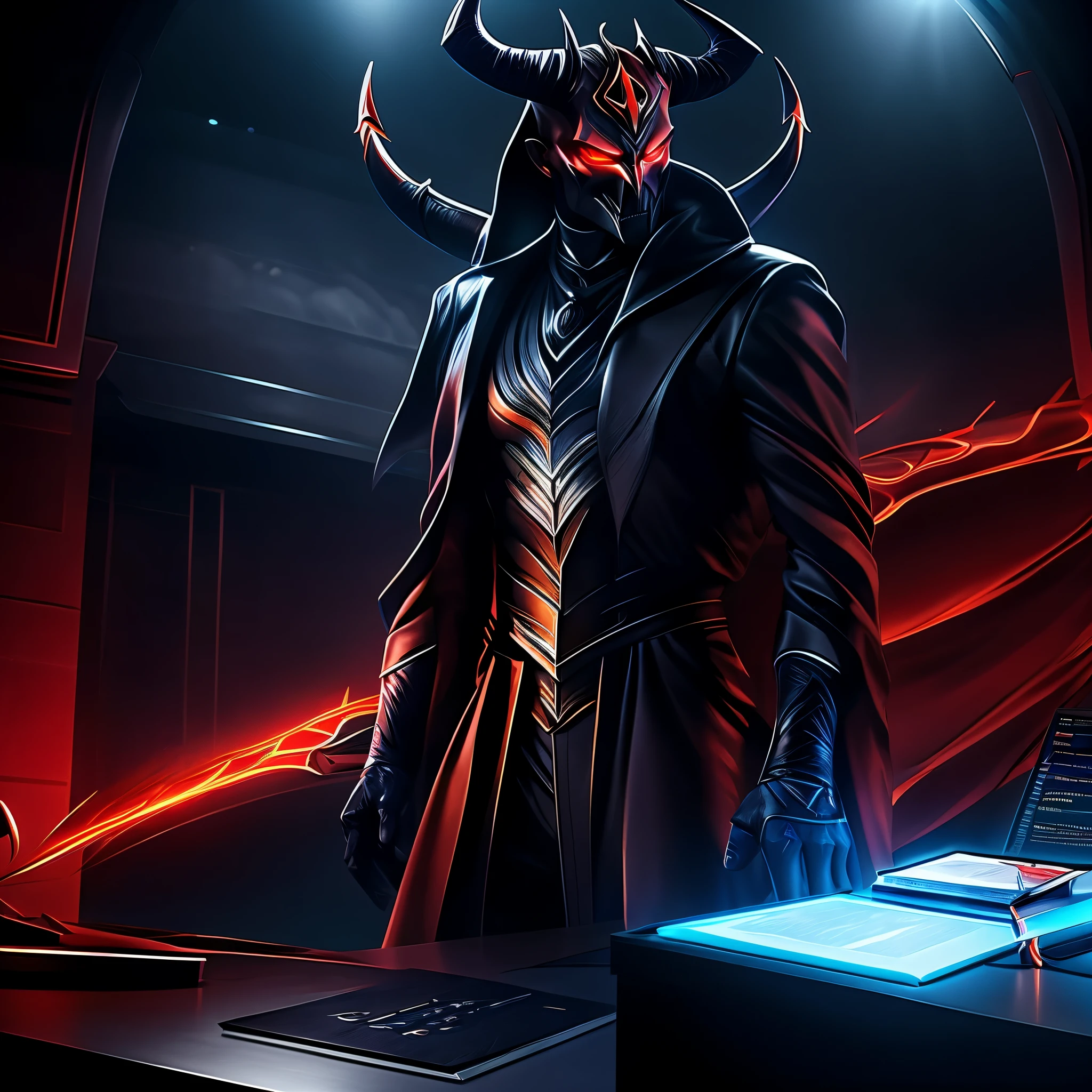 A tall, menacing devil standing behind a sleek, dark news desk, dressed in a sharp, dark crimson suit with black lapels. His ashen-gray skin contrasts against his glowing red eyes, which seem to pierce through the screen. Curved black horns extend from his head, framing his face of sharp features and a devilish smirk. His hands rest confidently on the desk, adorned with silver rings that glint under the dim lighting. Behind him, a futuristic, hellish newsroom with floating holographic displays showing images of crime scenes and fiery, molten landscapes. The background has a mix of dark obsidian and fiery orange lighting, with subtle smoke rising from the edges of the screen. His voice resonates with authority, a dark presence, commanding attention as he reports the dark truths of the world. An infernal microphone, adorned with glowing runes, is placed in front of him, completing his sinister news anchor look.”