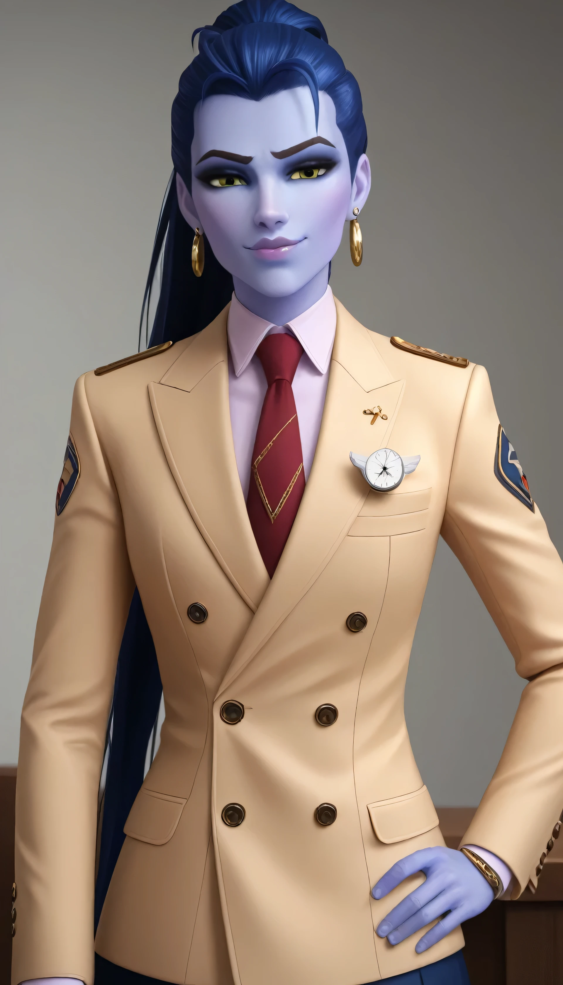 score_9, score_8_up, score_7_up, BREAK
 wdwmakr, colored skin, long hair, ponytail, yellow eyes,,lips,1girl,solo,
double-breasted suits, formal, jewelry, suit, necktie, earrings, jacket, shirt, jacket, shirt, lips, skirt, pocket square, cufflinks, shiny clothing
Face shot,Looking at viewer, smug, hand on hip,