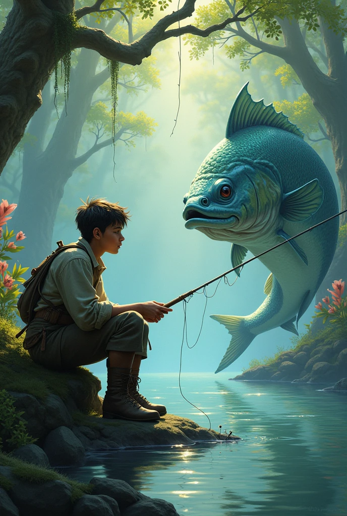 Drawing of a boy sitting on a fish with a fishing rod, daniel merriam, Bob Byerley, daniel merriam :.1, Heather Teyler, fish man, Inspired by Victor Nizovtsev, Magical Realism Strange Art, diego koi, todd schorr, amazing depth, Inspired by Bob Byerley, victor nizovtsev