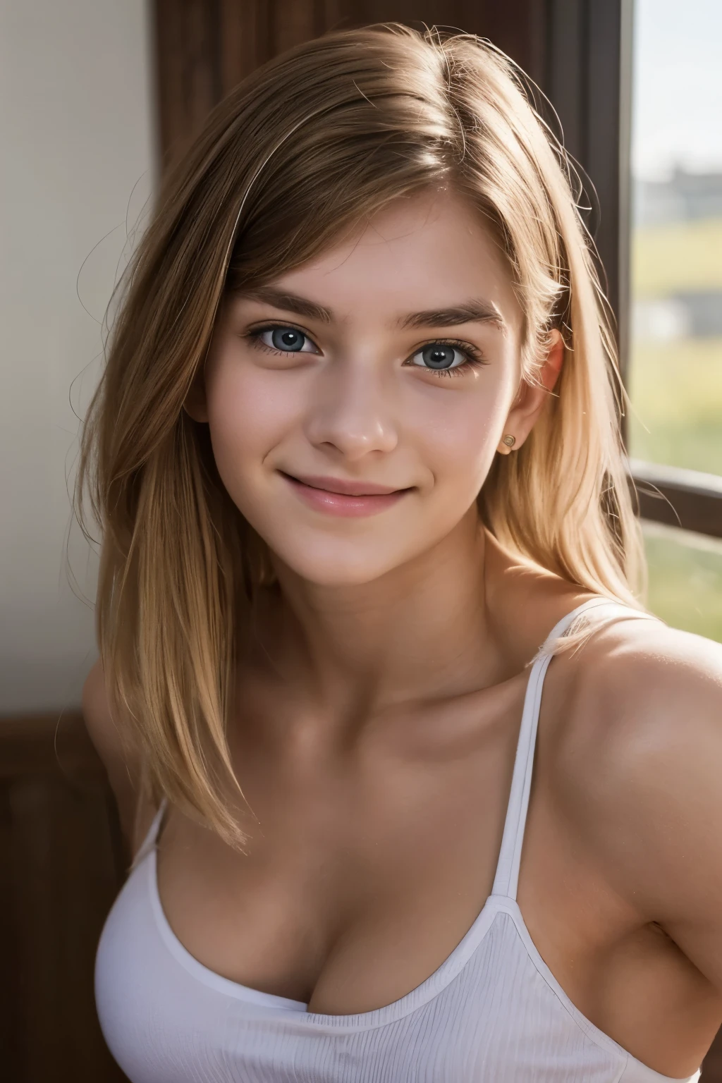 1girl, 20 years old, looking (((interested!!, Amused!!)). (((looking at camera)))). Masterpiece, photorealistic, raw photography, top quality, best quality, upper body, muscular, attractive, Agnes Aurora Aksnes. Indoors.