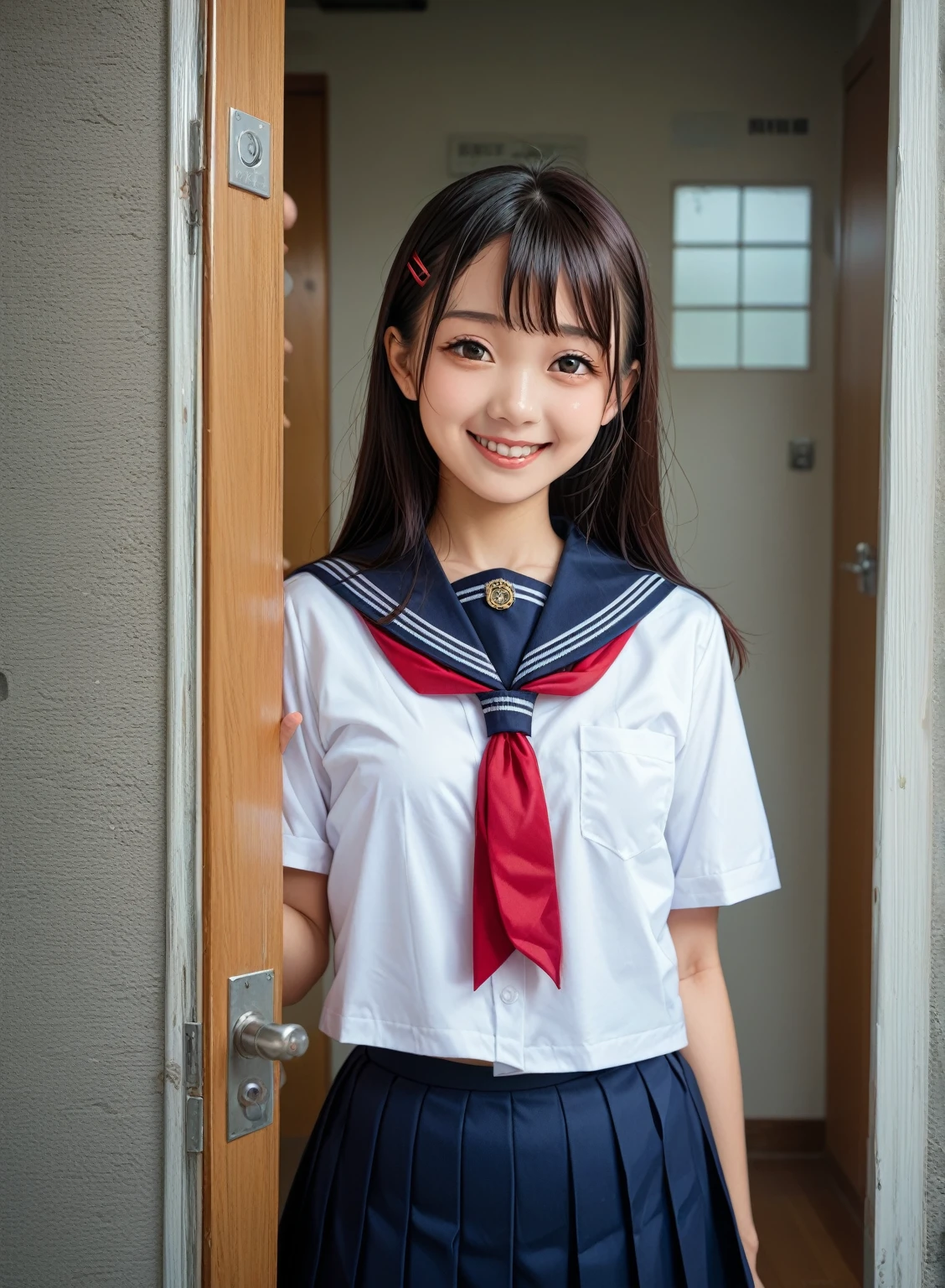 masterpiece, best quality, extremely detailed, high-resolution, 8k cg wallpaper,1girl,beautiful girl,,(small breasts:1.2),,(skinny:1.0), akb48,nogizaka46,arafed asian woman in school uniform standing in front of a glass door, still from a live action movie, girl wearing uniform, a hyperrealistic schoolgirl, wearing japanese school uniform, japanese school uniform, scene from live action movie, jk uniform, portrait of high school girl, hyperrealistic schoolgirl, japanese girl school uniform, movie still of the alien girl,jk,smile, portrait ,