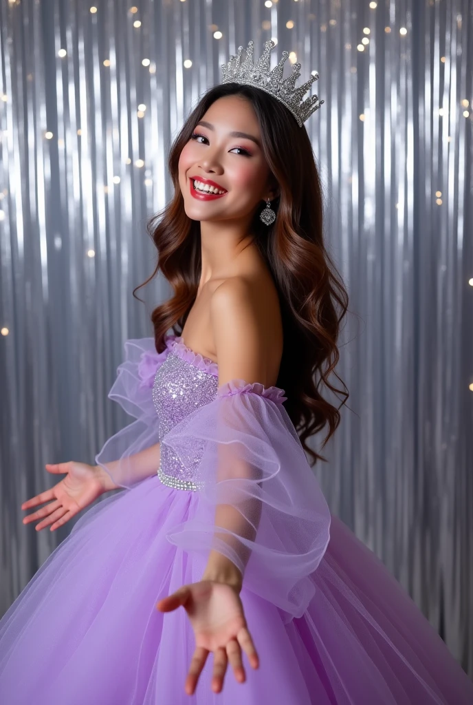 A woman in a lilac and pink party dress standing sideways with one arm ...
