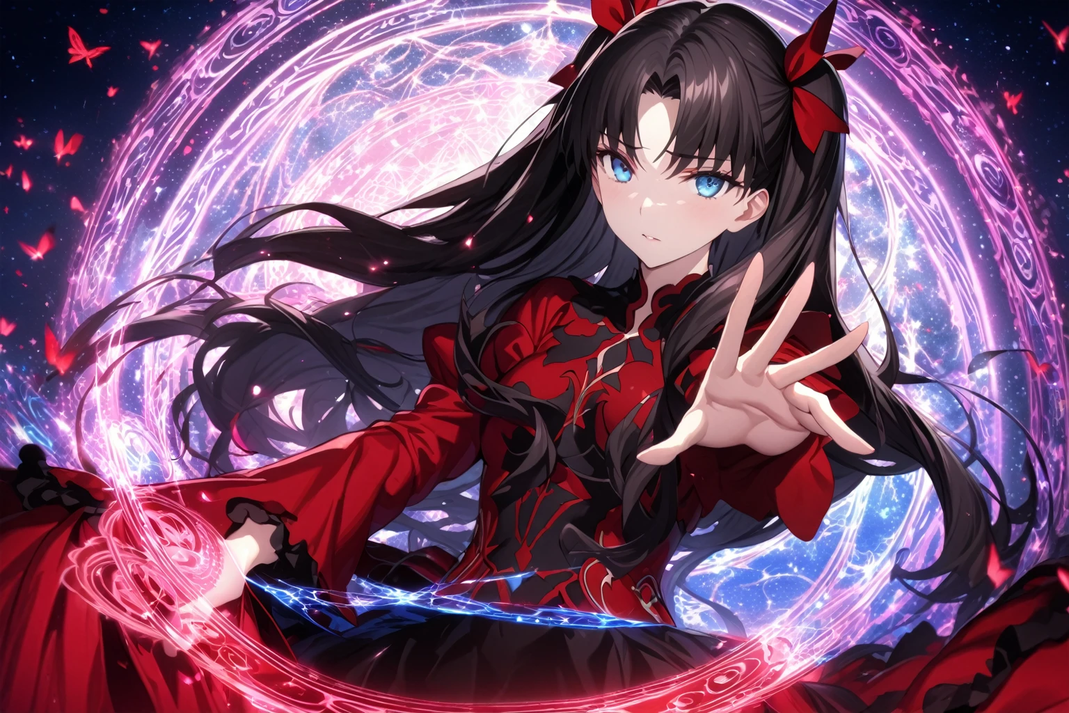 absurdres, highres, ultra detailed, HDR, master piece, Tohsaka Rin, black hair, expressive blue eyes, red clothes, sexy woman, best quality, Fate Grand Order, , solo, fantasy, magical, sensual, glittering, accessories, red butterflies, pink magic, starry sky, pink magical circle, extremely beautiful