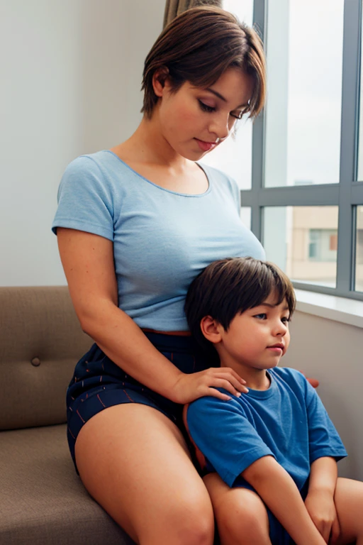 A young boy sitting on his mother's lap in a office building, windows, buildings outside windows, blue shorts. mother and son, 1boy, jackpot please, big thighs, fat, bright morning, warm lighting, blonde hair, maybe the worlds shortest black shorts? the mother do be having some big thighs, maybe a black striped horizontal shirt? make the boy look like a  please, accurate lap sitting, just sit on her lap. just sit on her lap, Pix ai is better than you, blue skirt, sitting, sitting on person, sitting on lap, 1boy, blue skirt