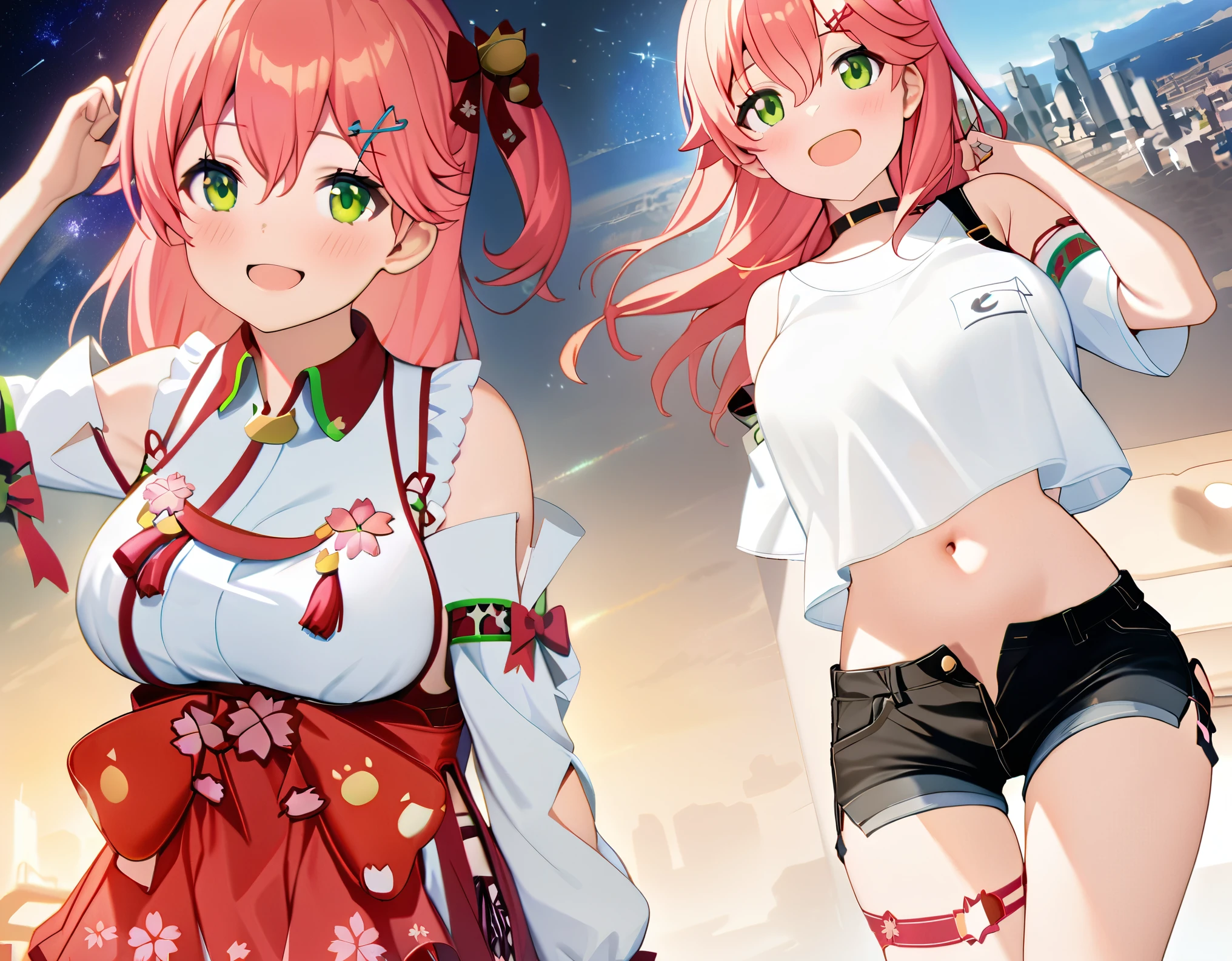 (8k、Best image quality、highest quality、masterpiece)、Detailed face、 1teen_girl、pink Hair、Long Hair、green_eyes、smile,(navel_peek)、(large_breasts),(White_short_T-shirt:1.5)、Off the shoulder、Black shoulder straps、(open_front_shorts,denim_short_shorts:1.2)、City Background, starry_sky_landscape ,sakura_miko,hololive,(covered_nipples:0.3), (belly_button:1.2),solo,stargaze,girl_looking_up_sky,shoot_boots,