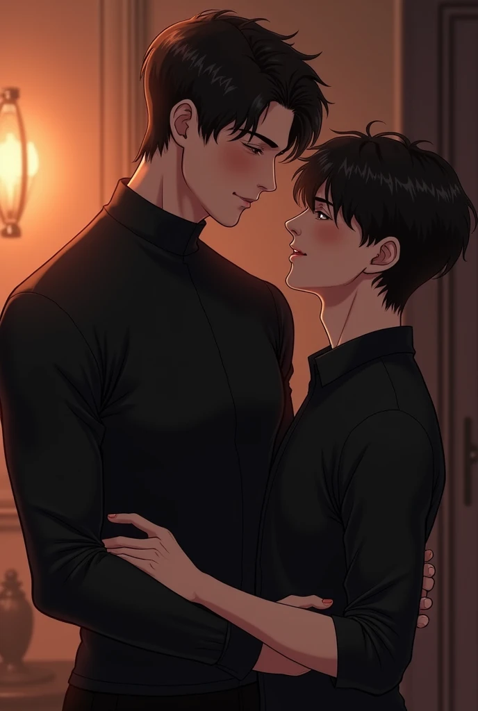 2 Boys, male focus, several boys, yaoi, couple, Princesa Carry, carrying,kissing, chemise, pants, looking at another, ssmile, Inside the house, best qualityer, incredible quality, better aesthetics, absurderes

