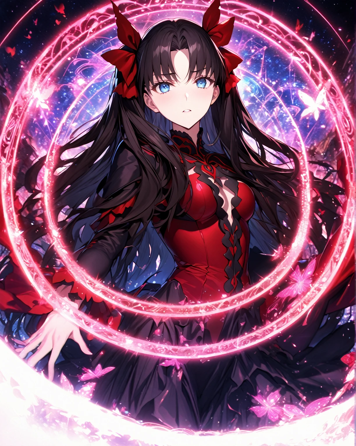 absurdres, highres, ultra detailed, HDR, master piece, Tohsaka Rin, black hair, expressive blue eyes, red clothes, sexy woman, best quality, Fate Grand Order, solo, fantasy, magical, sensual, glittering, accessories, red butterflies, pink magic, starry sky, pink magical circle, extremely beautiful