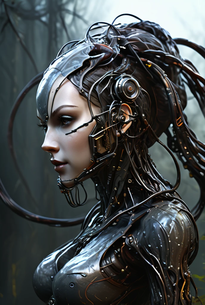 masterpiece, high detail, ArsMJStyle, dnddarkestfantasy, masterpiece, stunning robot woman, made of clockwork cogs, wires and cables, abstract, fractal art. highest definition, HD32K, wallpaper, hyperdetailed, concept art, extreme closeup, side profile