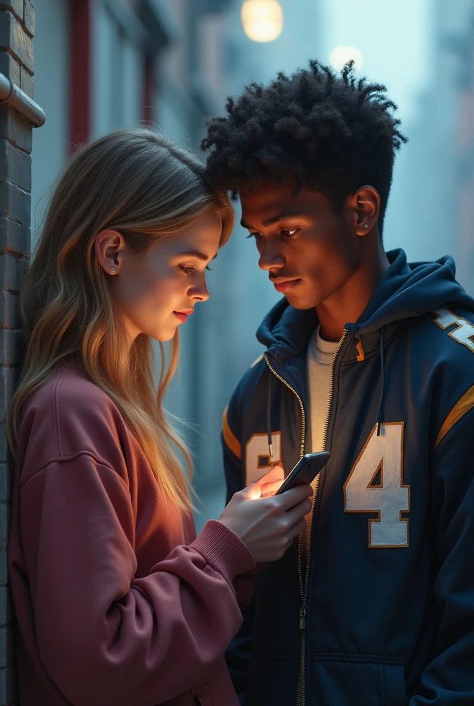 Create a digital artwork depicting a college-going couple hugging each other. The girl should have long black hair and hazel eyes, while the boy should have short blond hair. One of the boy's hands should be holding a special kind of knife, subtly visible. The setting can be a typical college campus background, with a slightly moody or mysterious atmosphere..