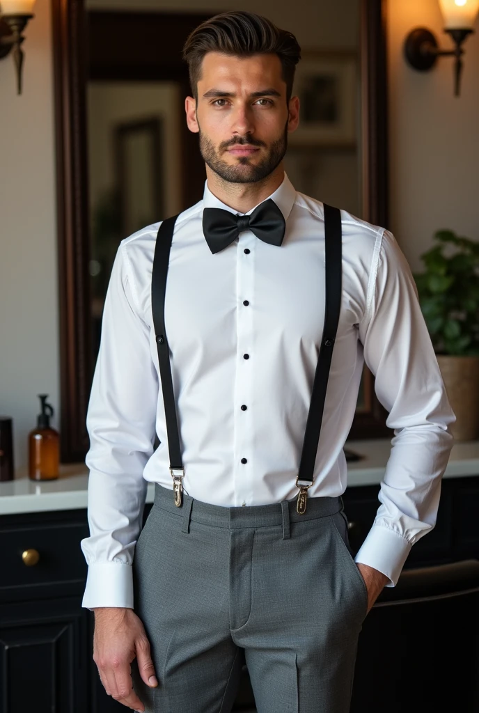 HOMEM, MASCULINO, olhos, bonito, forte,VIRADO DE COSTAS, wearing an office blouse , suspender braces attached to style pants,BUNDA MASCULINA, HOMEM bundudo, macho de bunda grande,nudez, calcinha, sentado, mostrando o CU, cu grande,