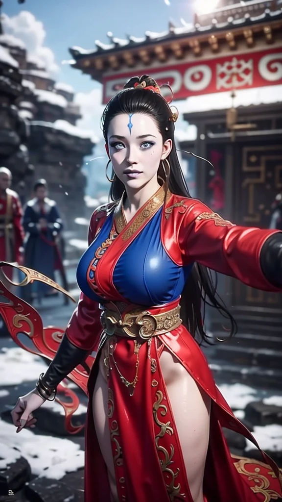 (（（Perfect body,White and tender skin,（（（Wearing a blue and red robe）））,(（（Black Myth: Wukong - Kang Jinlong，forehead mark，Blue marks on the forehead, rings on both ears,））),((masterpiece)),highres,((Best quality at best)),masterpiece,quality,Best quality,(（（ Exquisite facial features,Looking at the audience,There is light in the eyes, ）））,Huge breasts，Film Lighting，Front view，High Detail，Dynamic poses，，）））