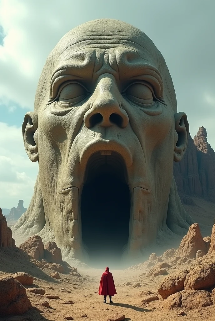 Surreal and dramatic landscape photograph featuring a colossal rock formation resembling a human face. The rock's surface is textured with natural erosion patterns, creating the illusion of facial features such as eyes, nose, and mouth. The mouth forms a large, dark cave entrance, adding a sense of mystery and scale. A solitary figure, dressed in a red cloak, stands at the base of the formation, emphasizing the immense size of the rock. The sky above is partly cloudy, with soft, diffused light casting shadows that enhance the details of the rock face. The surrounding landscape consists of rugged, arid terrain with additional rock formations in the background.