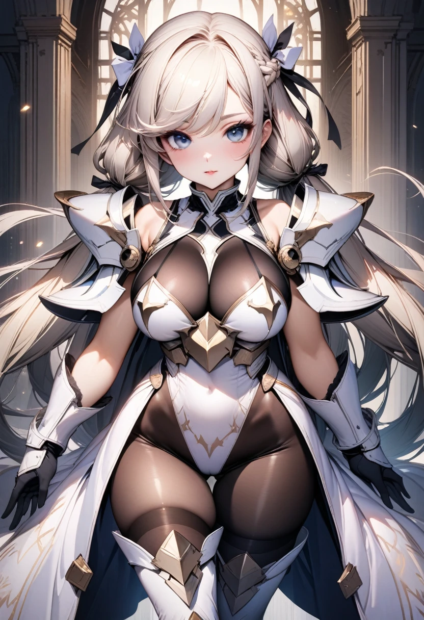 ((UHD)), ((masterpiece)), ((highest quality)), ((8k)), (solo),1girl, beautiful face, perfect face, ((white paladin armor tunic dress)), ((ivory leotard armor)), ((White gold pattern long coat)), ((breastplate)), ((glossy platinum blonde very long low twintails hair)), braid, ((swept bangs)), ((large saggy breasts)), ((High leg crotch and thick black pantyhose thighs)), ((Tight thigh-high boots:1.2)), ((long gloves)), ((Black see-through cleavage)), hair ornament, gauntlet, black pantyhose zentai, white elbow glove, White ruffle skirt, curvy, skindantation, Raglan sleeve, thigh gap, hair ribbon,tight size, glamorous, Perfect and beautiful blue eyes, perfectly accurate hand, precise five fingers, perfect fingers, makeup, Azur Lane, (cameltoe:0.8), Rosary