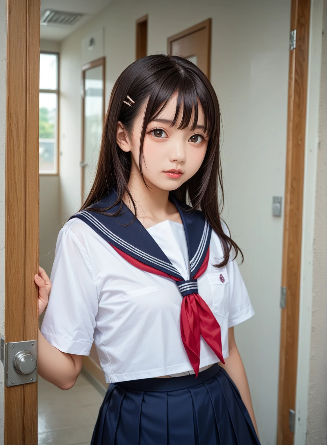 masterpiece, best quality, extremely detailed, high-resolution, 8k cg wallpaper,1girl,beautiful girl,,(small breasts:1.2),,(skinny:1.0), akb48,nogizaka46,arafed asian woman in school uniform standing in front of a glass door, still from a live action movie, girl wearing uniform, a hyperrealistic schoolgirl, wearing japanese school uniform, japanese school uniform, scene from live action movie, jk uniform, portrait of high school girl, hyperrealistic schoolgirl, japanese girl school uniform, movie still of the alien girl,jk,, portrait ,