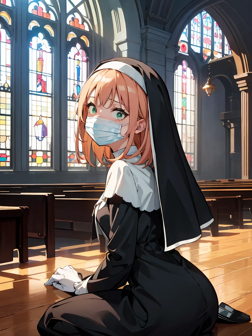 score_9, score_8_up, score_7_up, score_6_up, backlighting, light rays, 1girl, adult woman, nun, blonde hair, medium hair, messy hair, green eyes, Pretty Face, small breast, mouth mask, white gloves, pretty face, Constricted pupils, scared, traumatized, looking at viewer, (background: stained glass, church, arch), sitting on the floor, dutch shot, shooting up close, shooting from the person, Shooting from the side, dutch angle shot,