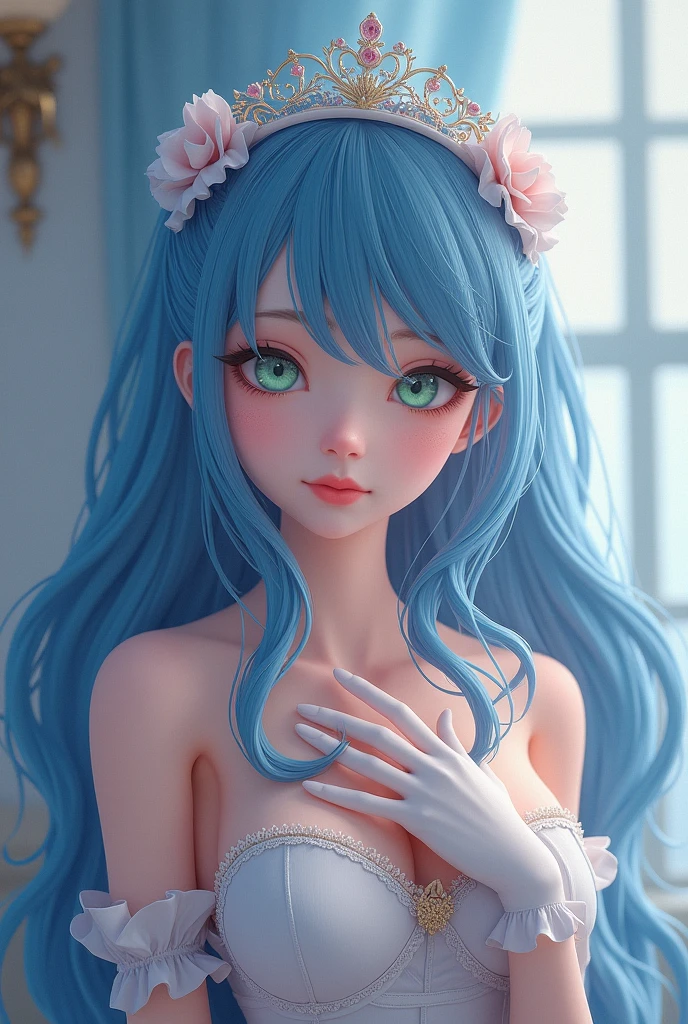 (A photo of upper body), Beautiful face, Highly detailed face and skin texture, (Detailed eyes), Brown eyes, Double eyelids, Thin eyebrows, Glitter eyeliner: 1.2, Natural cheeks, Shiny skin, Fair skin, (((in bridal clothes waiting for her boyfriend for a date))), (Shiny lips: 1. 4), (Seductive smile), (20 years old), (Wavy hair, Diagonal bangs), ((blue hair)),Short hair, ((Upper body shot)), ((Focus on chest and face)), Medium large breasts, Upturned breasts.