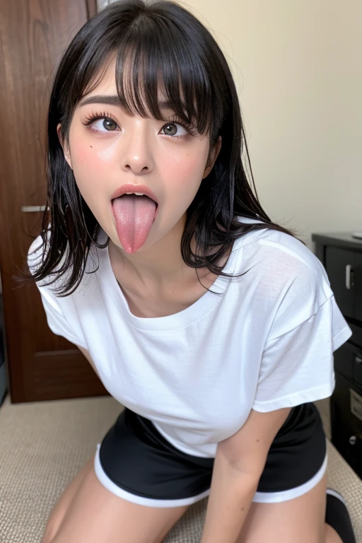 1girl,Tabletop,,Awards - Winning Photos, Very detailed, Face close-up、Keep your eyes focused, Nose and mouth,Face Focus, Woman with open mouth and closed eyes, Face Focusの接写、Age 35,Black-haired、Symmetrical face,Realistic nostrils、Angle from below、Elongated C-shaped nostrils、Sweaty skin、Sweaty, shiny skinを強調する照明、(((Loose fitting T-shirt, Shorts),))Sweaty, shiny skin、Shiny skin、Big eyes、Double eyelids、(My tongue is wet and shiny) ((Wet tongue)) ((Berokisu))Disneyland,Taylor Hill,Hyperrealistic,Real Skin