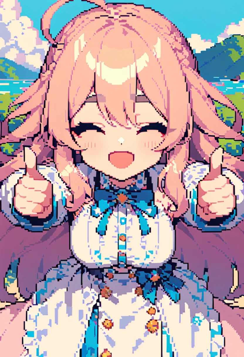 (masterpiece, Best Quality:1.3, 16k, Beautiful and detailed, Pixel Art:0.6, Vivid, woman, 若いwoman, smile, Close your eyes, cute, Open your mouth, Fluffy hair like a cloud, Long Hair, Pink Hair, eyebrow, 太いeyebrow, Pointing the index fingers of both hands:1.5