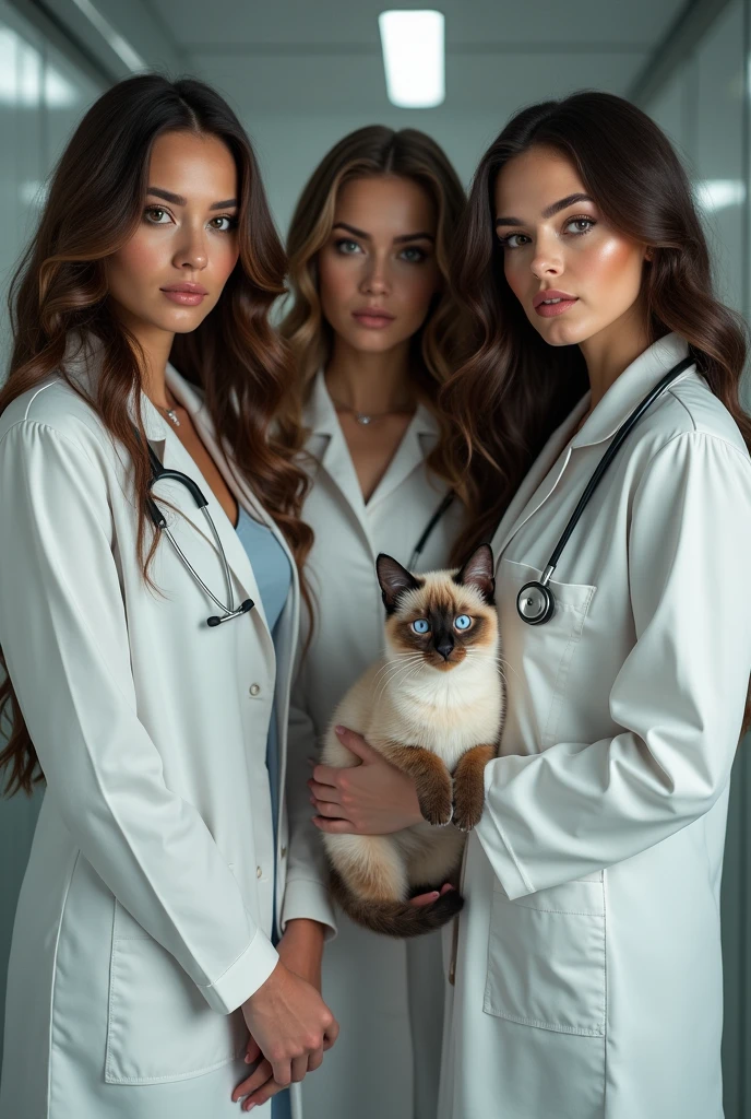 Brunette doctor with a black cat studying