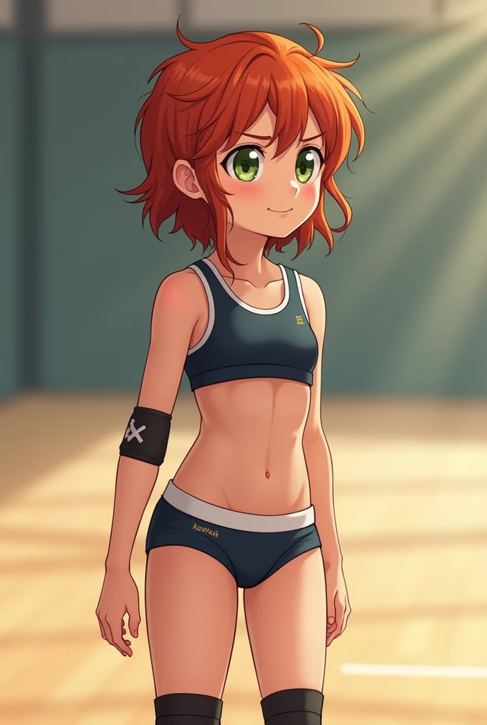 Edward,  standing,  Goggles
tan skin, tomboy, midriff, orange hair, loose shirt, off shoulder, spiked hair, barefoot, bike shorts, brown eyes, goggles on head,  blush stickers,  grin, balancing on one leg,  standing,
(insanely detailed, beautiful detailed face, masterpiece, best quality)  <lora:Edward-03:1>  volumetric lighting, best quality, masterpiece, intricate details, tonemapping, sharp focus, hyper detailed