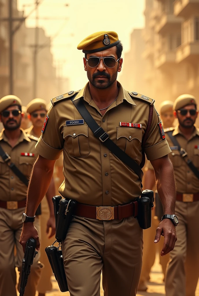 a stunning intricate full color photo, (1man:1.2), Indian police officer, wearing khaki uniform, black sunglasses, khaki colored cap (Indian_Police_Uniform:1) <lyco:Indian_Police_Uniform_V1:1.0> detailed skin, epic character composition, sharp focus, realistic light, subsurface scattering, f1.2, 35mm, film grain, analog style, epiCRealism