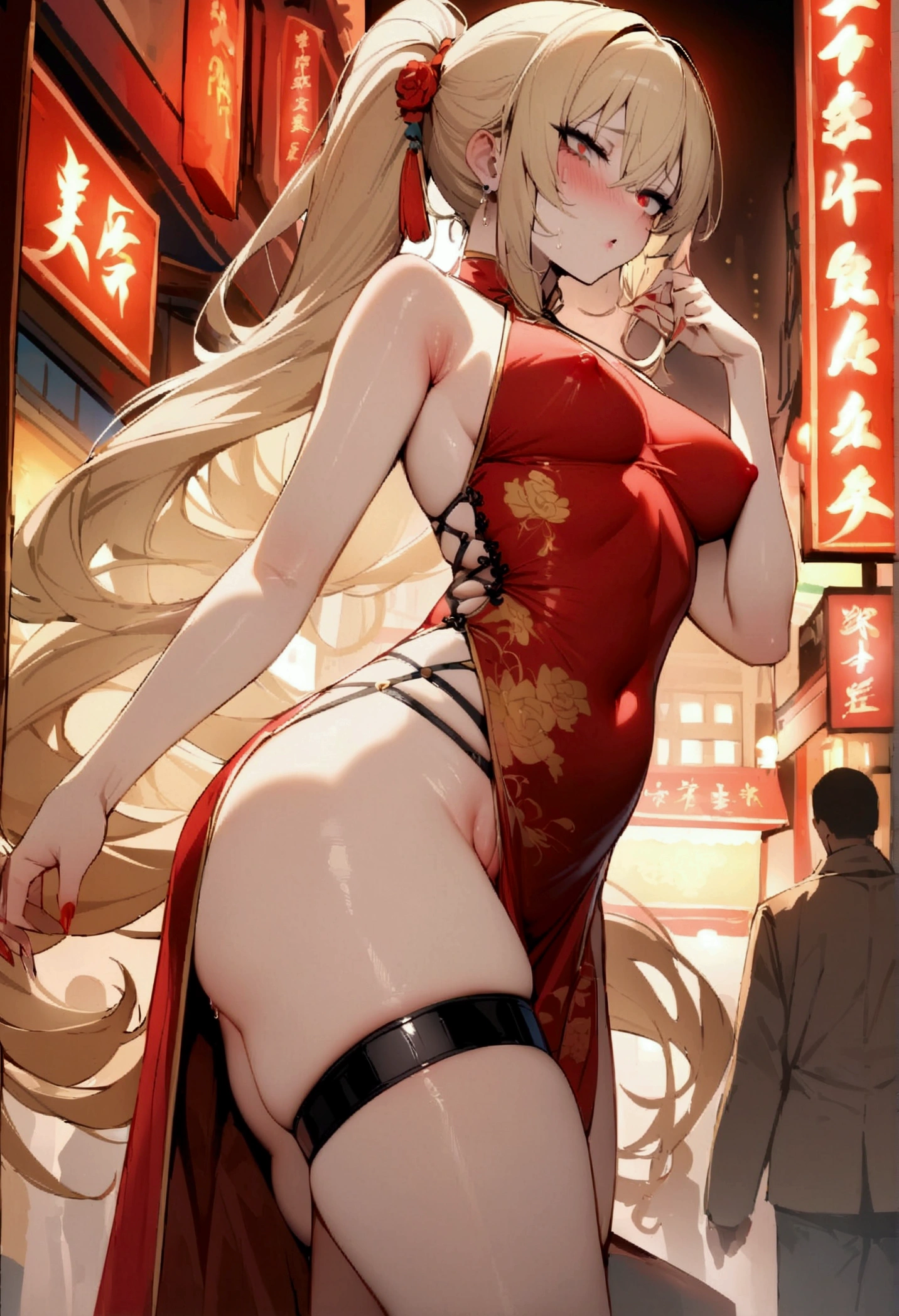 NSFW,masterpiece,Best Quality,High resolution,Very detailed,One girl,Blonde,Long Hair,ponytail,Sharp Eye,(Red Chinese dress),Thigh straps,Multiple straps,Chinatown,Nightlife