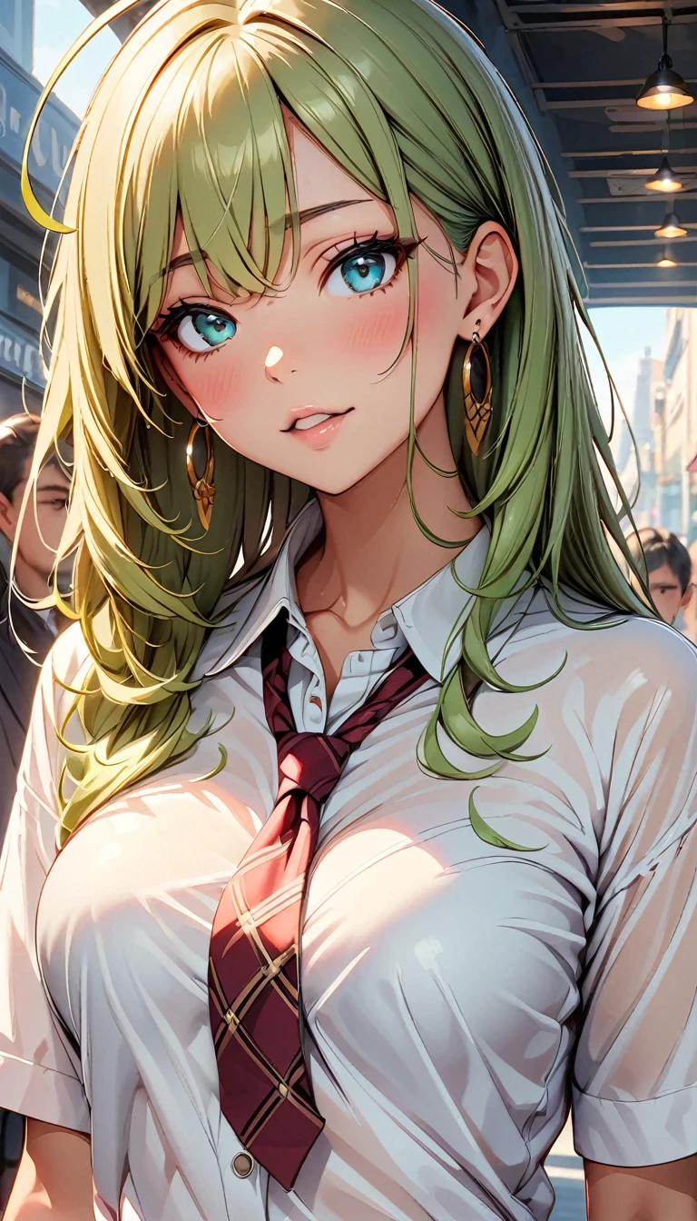 (Highest quality:1.2, High Detail, masterpiece:1.2, Best aesthetics), (1 girl), Beautiful woman, Beautiful detailed eyes, Beautiful detailed lips, Highly detailed face, Delicate depiction of hair and eyes, Detailed Fashion, ((Portraiture, Cowboy Shot, People Girls, blush)), Aqua Eye, Green Hair, huge ahoge, Mouth open, Earrings, hoop Earrings, JK, White shirt, Loose red tie, Pleated skirt, View your viewers,
