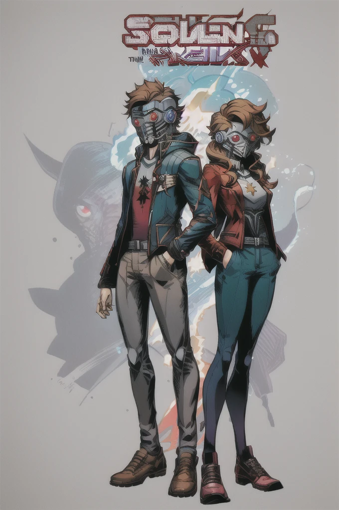 Hombre y mujer, Star_lord y Lisa genshin impact con traje original, 2 personas, Mask with Red eyes, Jacket, Reed hoodie, Space Guns, Magic Spellls, Rocket Boots, fire under shoes, Anime