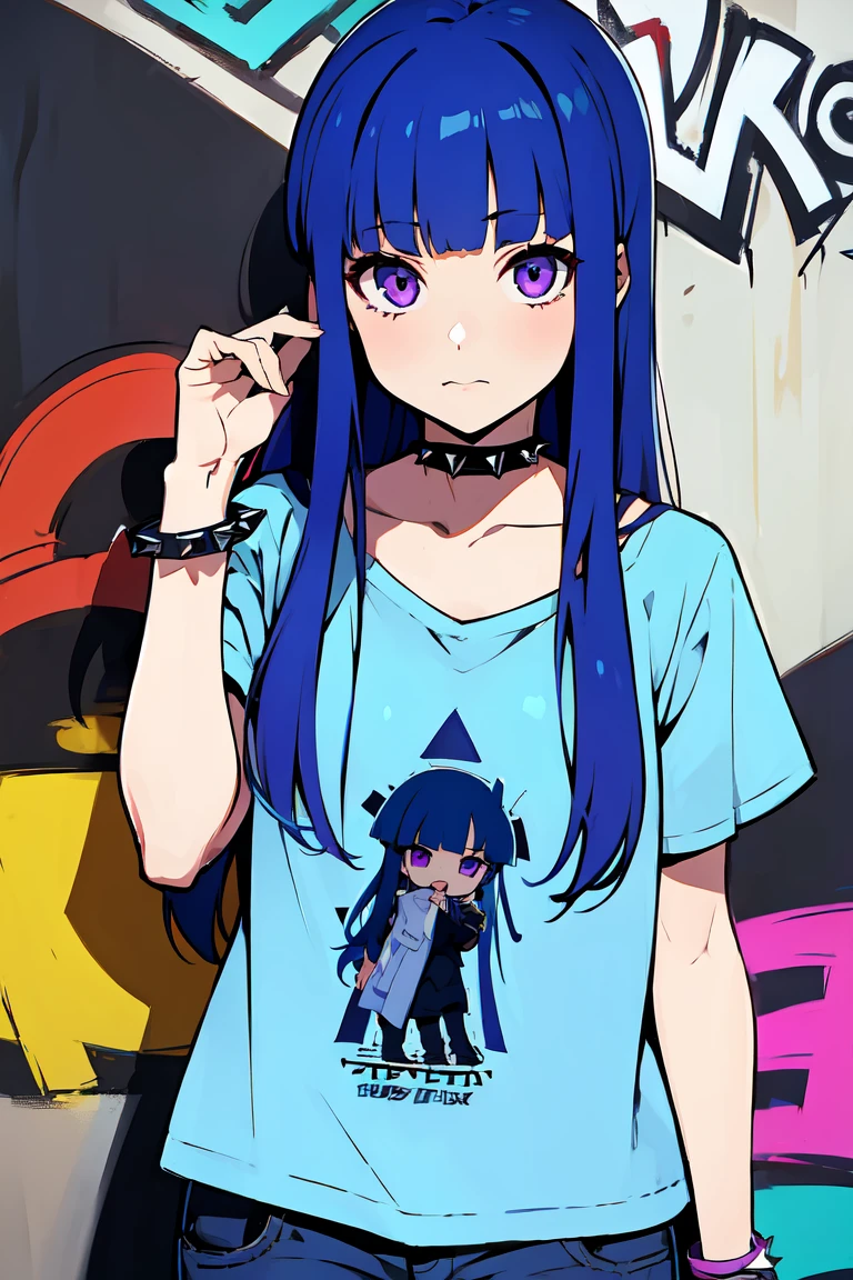 (Rika Furude), Blue Hair, Purple eyes, Long Hair, blunt bangs, bangs, １１age, woman, Alone, Punk Fashion、Spiked Choker, bracelet, masterpiece、Cityscape background、Graffiti wall