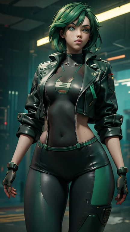 Masterpiece, best quality, 1 woman, small breasts, wide hips, thicc thighs, cyberpunk style, green hair, cyber arm, jacket, thight leggings, 