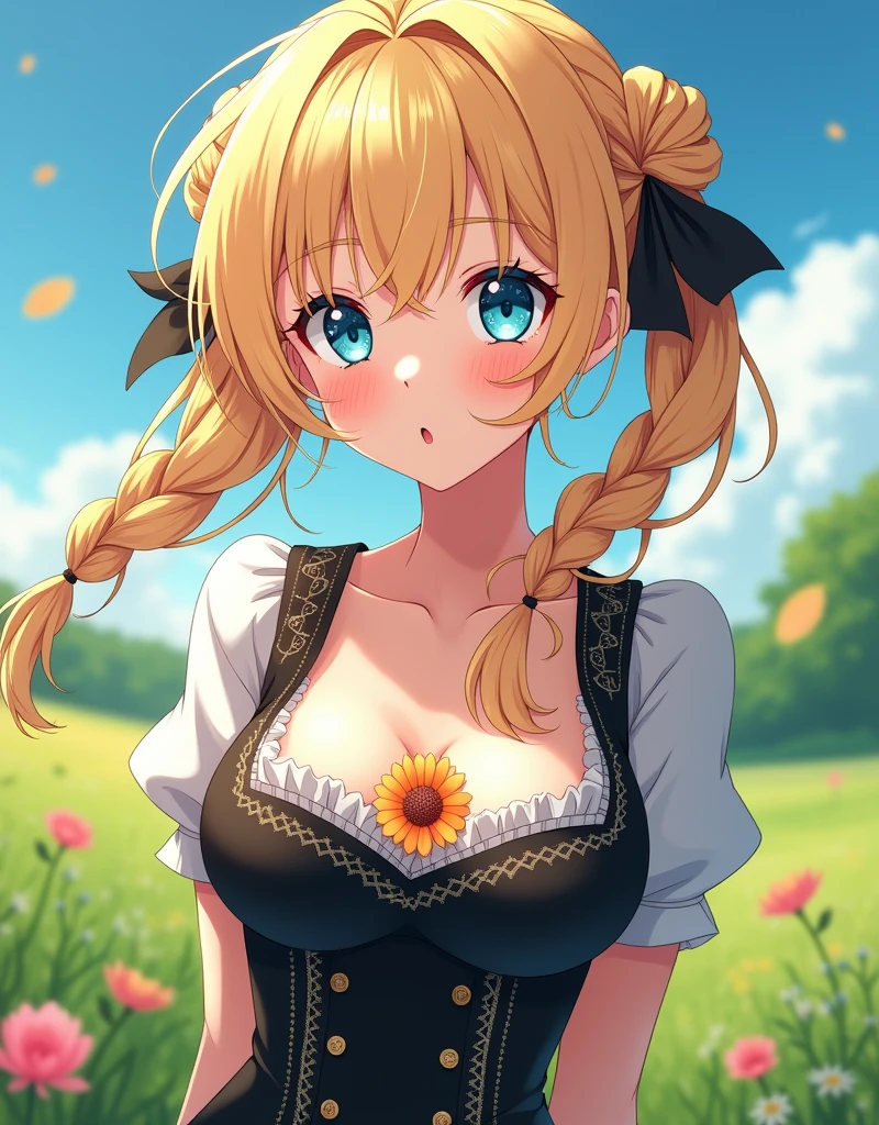 Blonde, twin tails, wheat skin, shy face, upper body, cleavage, white camisole