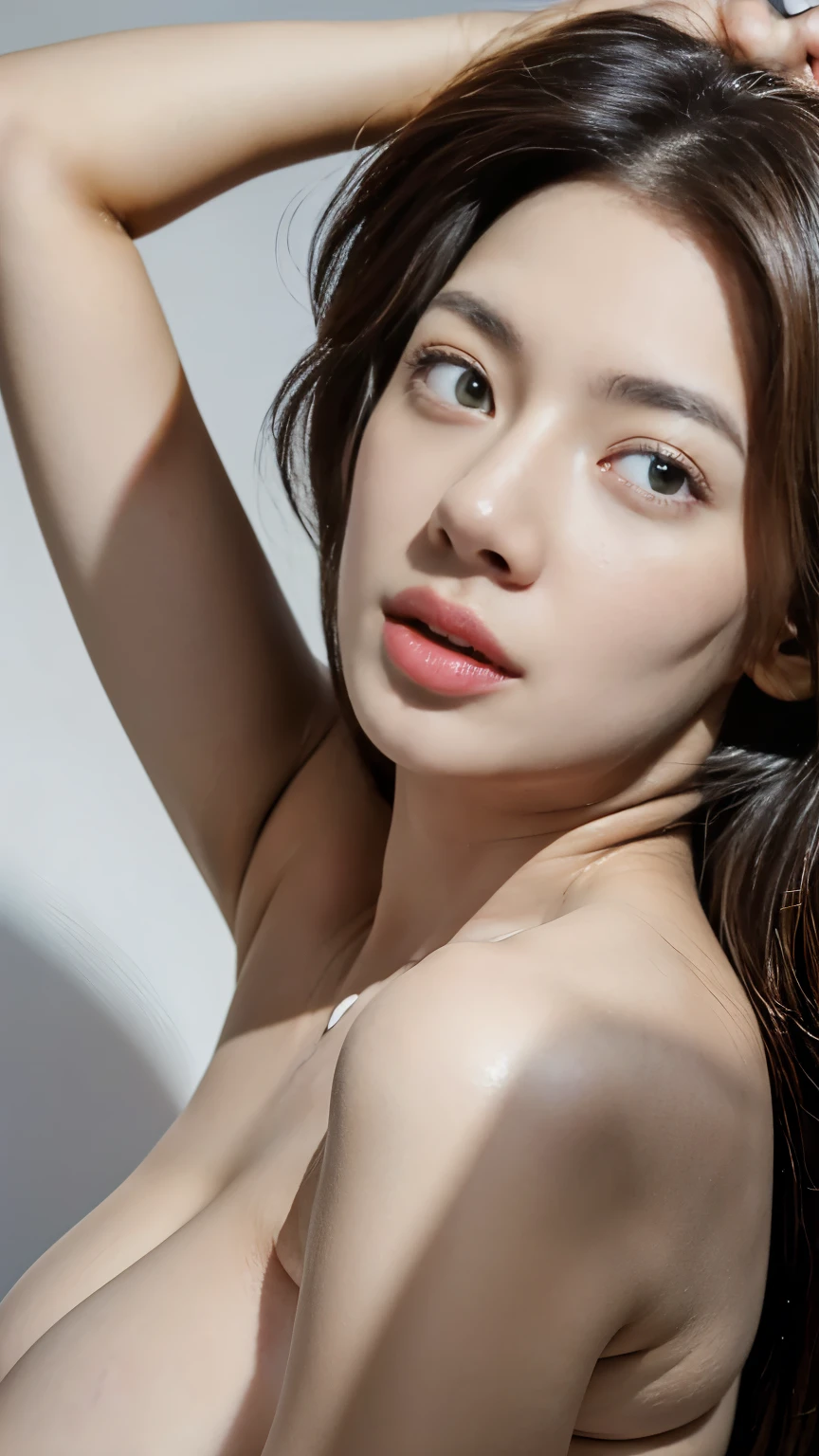 A pretty girl, braless, natural breasts, naked, nude, at photo studio, white background, finely detailed eyes and detailed face, (best quality,4k,8k,highres,masterpiece:1.2),ultra-detailed,(realistic,photorealistic,photo-realistic:1.37),studio lighting, extreme detail description, vivid colors