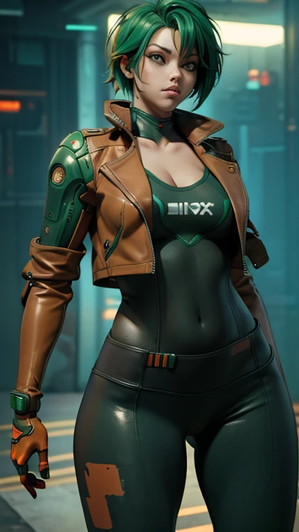 Masterpiece, best quality, 1 woman, small breasts, wide hips, thicc thighs, cyberpunk style, green hair, cyber arm, brown jacket, thight orange leggings, 