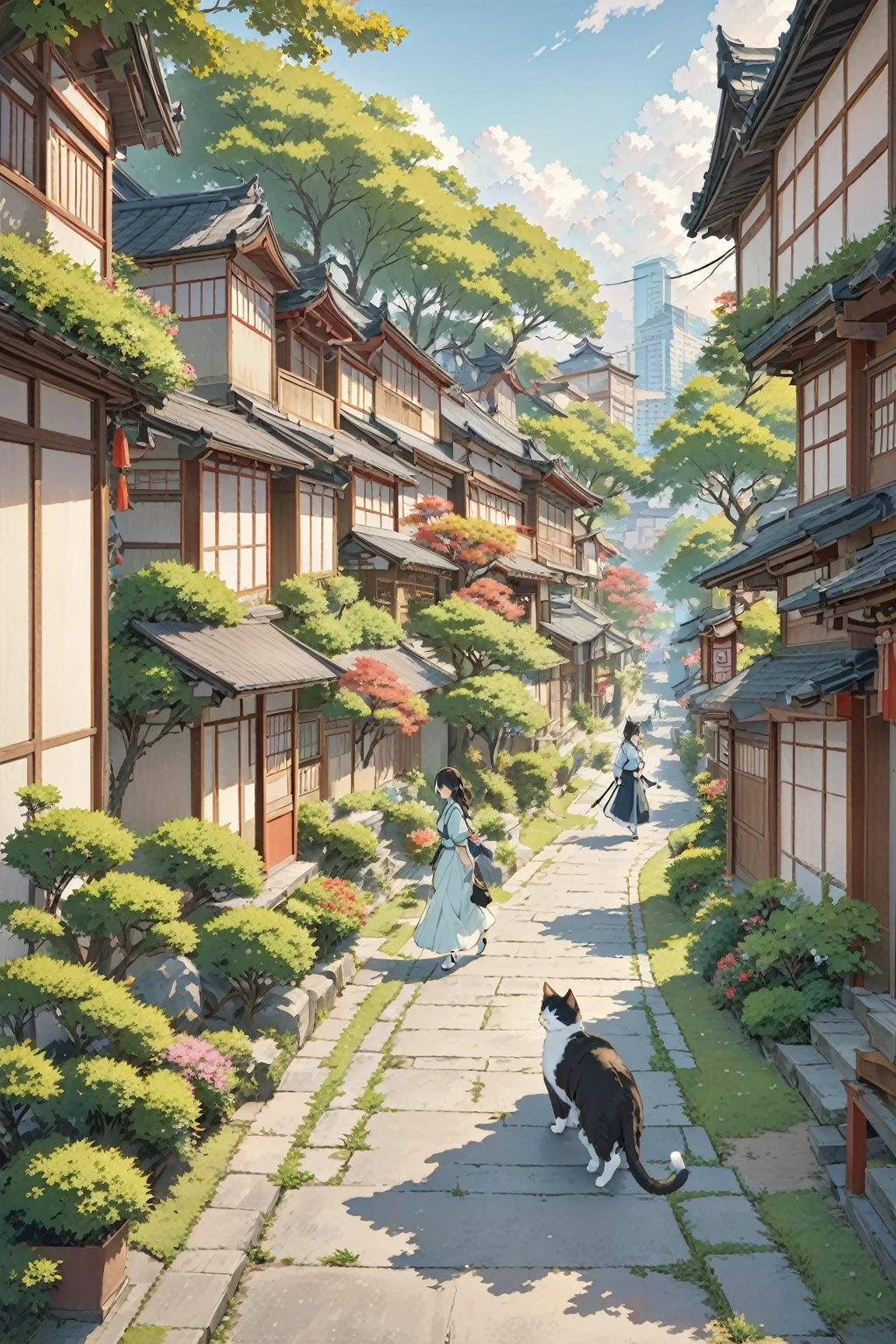 Long Shot、The subject is small、Three-haired cat、Cats only、Three-haired cat strolling around as if it owns the place、Three-haired cat walking on the promenade、Old Japan cityscape、Plant-lined path、Different world、Create silence、