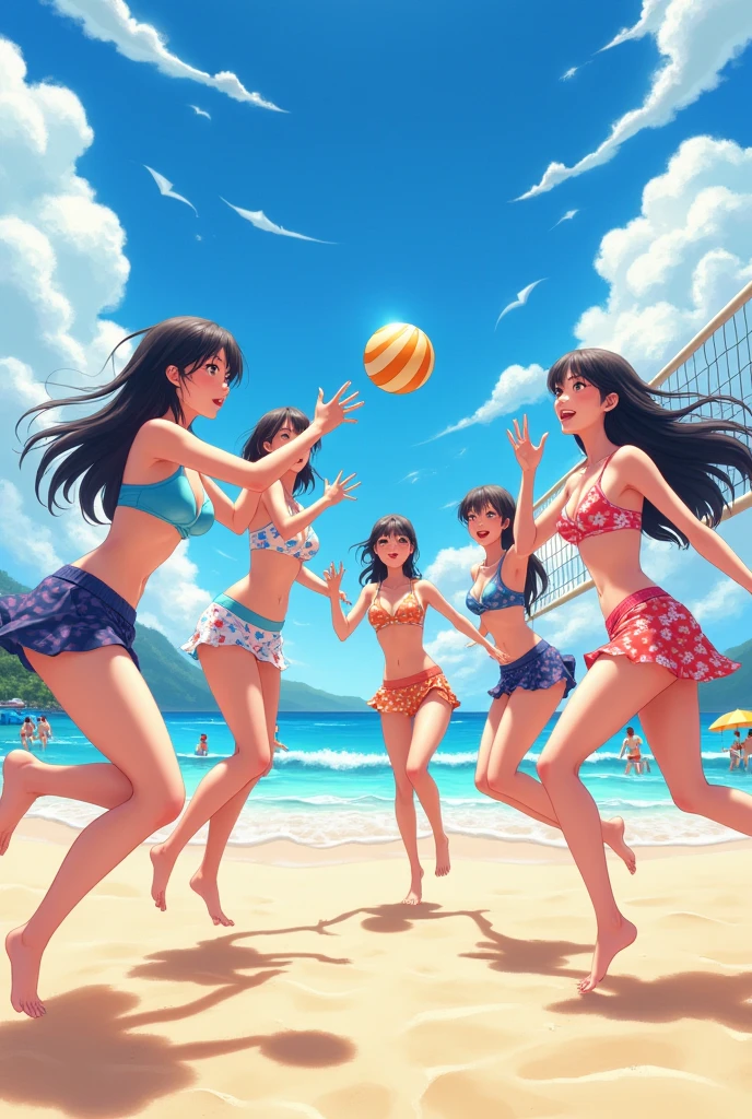 sleeve cape, boys and girls, manga style, beachfront, bikinis, having fun at sea, perspective from below, voleyball na beachfront