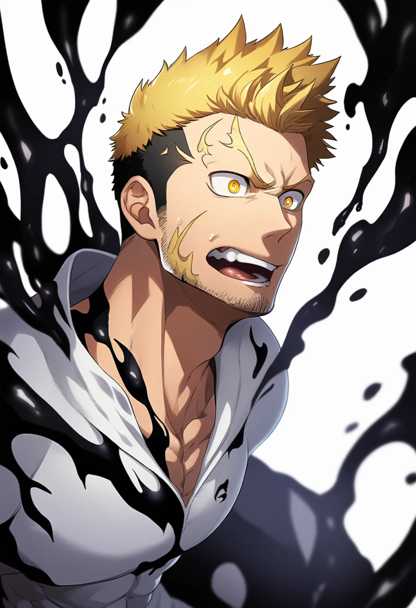 entity, masculine, adolescent, black and white, white eyes without pupils, blond hair, shirtless, athletic body, manga style, black aura coming out of his entire body, angry face, intimidating, Closed mouth, without upper garments, wounds, anime, 4k, White background