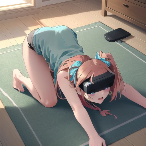 masterpiece, Highest Quality, Highest Resolution, perfect background, perfect perspective, sharp image, perfect details, perfect lighting, perfect shadows, Perfect lighting, Best background, best anime, 1girl, VR headset, head-mounted display, bent over,